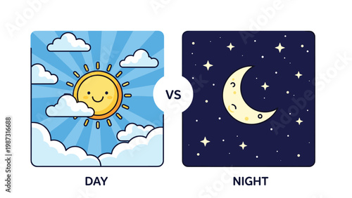 Engaging visual comparison of day and night, featuring a cheerful sun with clouds and a sleepy moon with stars, symbolizing the cyclical rhythm of Earth's rotation.