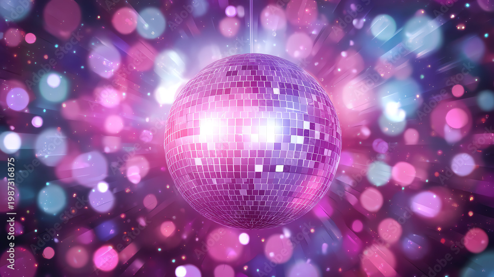 Obraz premium A vibrant disco ball surrounded by colorful bokeh lights, perfect for evoking a fun and energetic atmosphere.