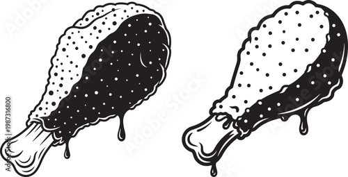 Two illustration of fried chicken legs one half black drips with chicken leg black and white fast food junk food street food illustration appetizer delicious beverage restaurant takeaway