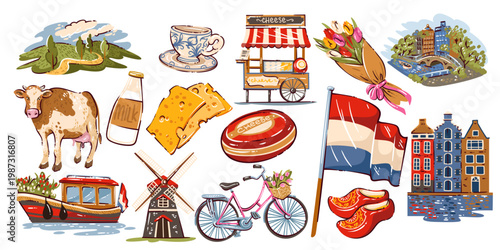 Netherlands travel icons collection with windmills, canals, cheese, tulips, bicycle, boats, Dutch houses, countryside, flag, traditional culture and tourism symbols. cartoon vector illustration.