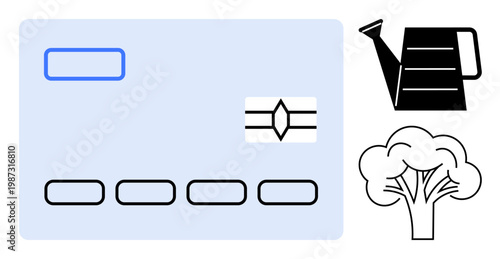 Eco-finance, sustainability, financial transactions, environmental responsibility, green practices, savings growth. A credit card, watering can and tree . Eco-finance and sustainability concepts