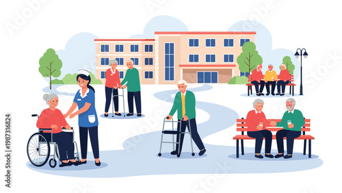 Compassionate nurse assists elderly residents in a lively nursing home or retirement community, showing various seniors enjoying outdoor activities and social interaction.