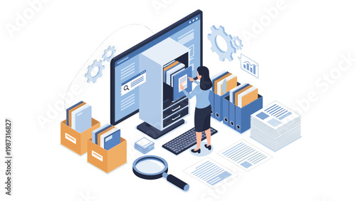 Efficient woman expertly manages both digital and physical archives, interacting with a large computer screen displaying file management systems, symbolizing data organization and document storage.