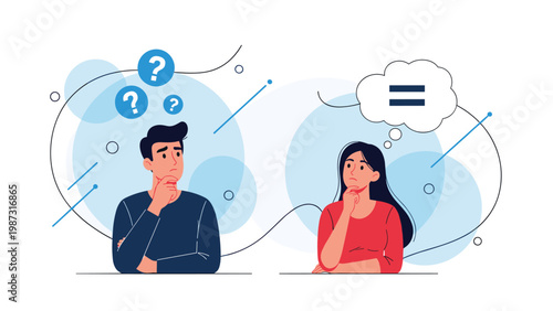 Conceptual illustration depicting a man surrounded by numerous question marks symbolizing confusion, contrasted with a woman having an equals sign, representing a clear solution or understanding.