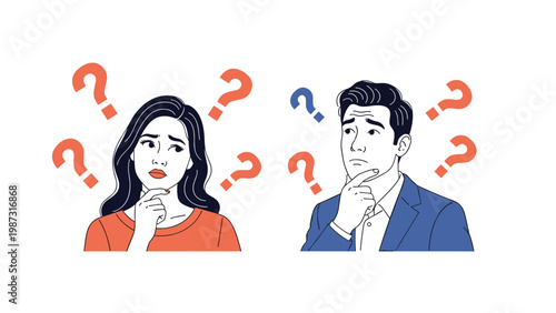 Thoughtful man and woman both ponder, surrounded by numerous red and blue question marks, representing shared confusion, unanswered questions, and a mutual state of uncertainty or contemplation.