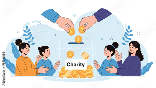 Generous individuals actively donate gold coins into a transparent charity box, symbolizing community support, philanthropy, and the collective effort to help those in need.