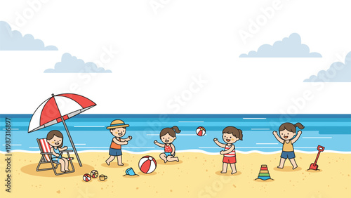 Happy children joyfully playing on a sandy beach by the ocean, building sandcastles and throwing balls under a bright summer sky with umbrellas.