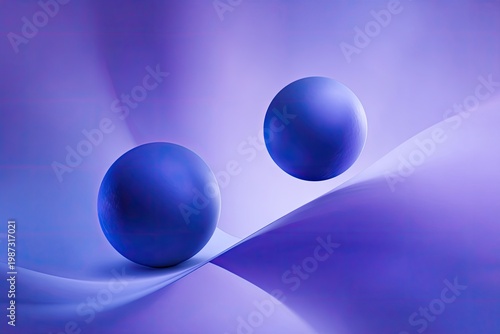 Abstract spheres float above flowing purple fabric