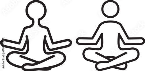 Two figures meditating in a cross-legged pose with hands resting on knees lotus position meditation mindfulness relaxation wellness spiritual silhouette illustration minimalist multiple