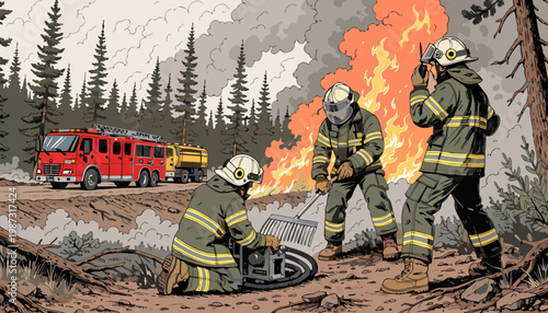 Firefighters battling a forest fire with a fire truck in the background