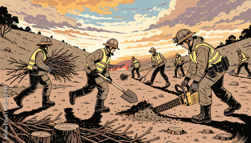 A group of firefighters working together to extinguish a wildfire in a rural area with a beautiful sunset in the background