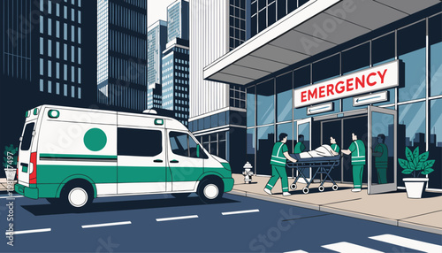 A vector graphic illustration of an ambulance arriving at a hospital emergency entrance with medical staff attending to a patient on a stretcher