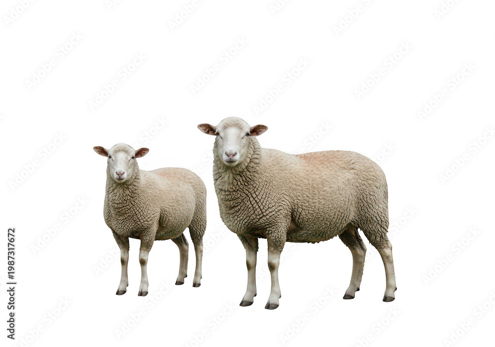 Obraz premium A pair of domestic sheep with thick woolly fleeces standing together and looking ahead isolated on transparent background
