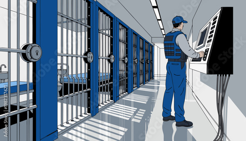 A security guard monitoring a control panel in a modern prison or detention center with blue cells