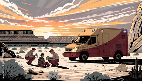 A vector graphic illustration of people receiving aid from an emergency vehicle in a desert landscape at sunset