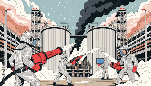 Firefighters in hazmat suits using powerful equipment to combat industrial fire and smoke