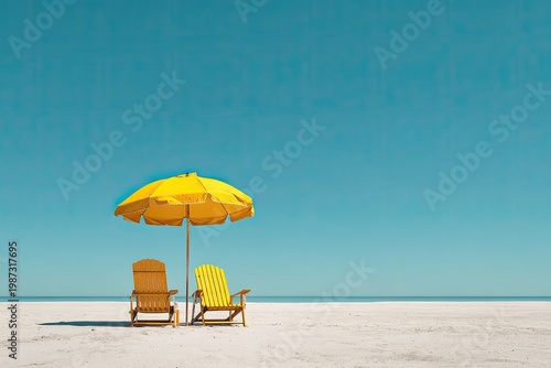 Two chairs and an umbrella sit on a tranquil beach under a clear blue sky