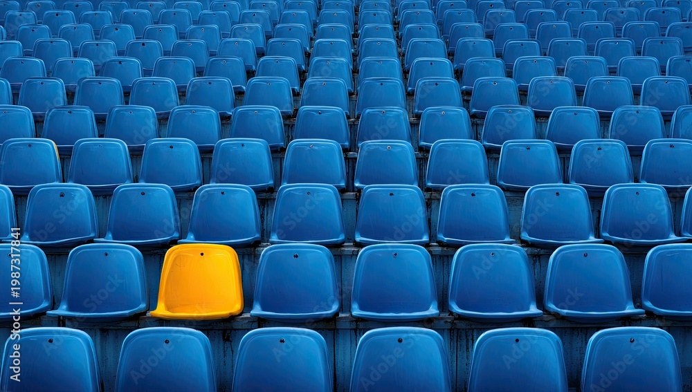 Fototapeta premium A single yellow stadium seat stands out in rows of blue seats