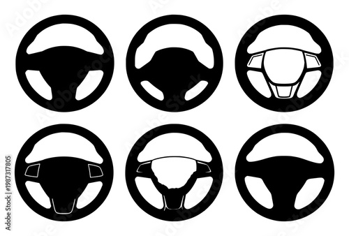 Steering wheel sensor icon set with solid black figure on white background featuring autonomous, vehicle, sensor with icon design and technology
