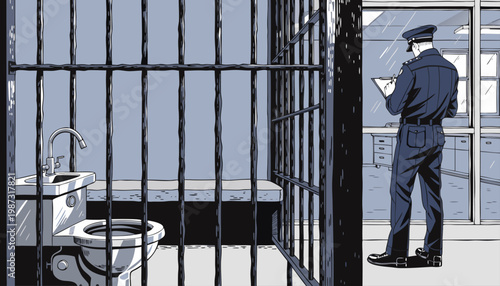 A police officer stands guard in a jail cell with a toilet and sink