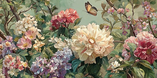 Naklejka Vintage botanical oil painting of colorful flowers and butterfly