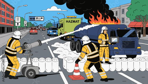 Firefighters in hazmat suits extinguish a burning truck on a city street with a foam cannon