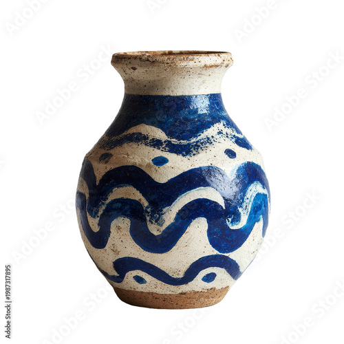 Handcrafted blue and white glazed earthenware vessel with rustic texture isolated on transparent base.