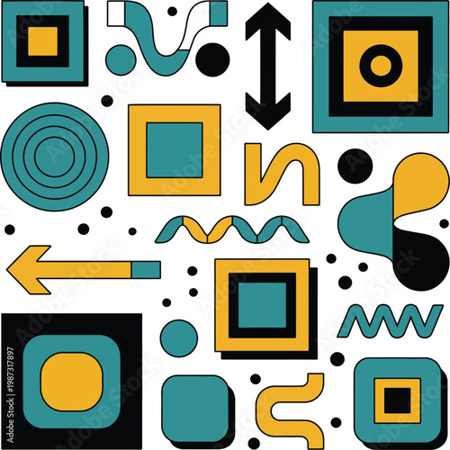 Geometric abstract shapes arrows waves dots and squares on black background representing modern digital design technology motion graphics composition and contemporary visual art concepts in bold minim