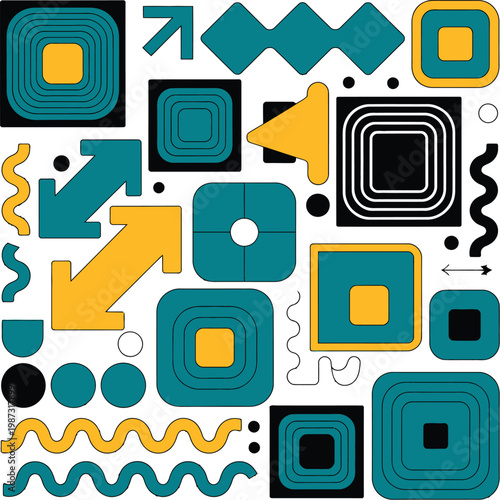 Cuadro en lienzo Geometric abstract shapes arrows waves dots and squares on black background repr