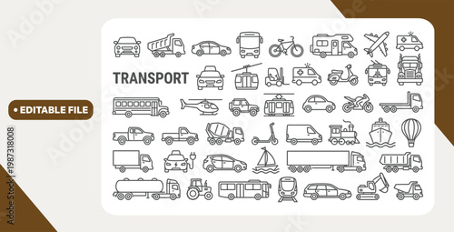 Transport and vehicle icons set. Contains such icons as auto, bike, scooter, bulldozer, bus, cable, car, helicopter and more. Outline web icon collection. Line style - stock vector.