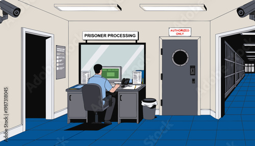 A vector graphic illustration of a man working at a desk in a prisoner processing office with a computer and security cameras