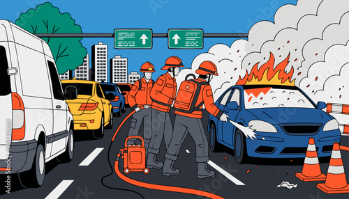 Firefighters in orange uniforms extinguishing a burning car on a city highway with traffic cones and smoke