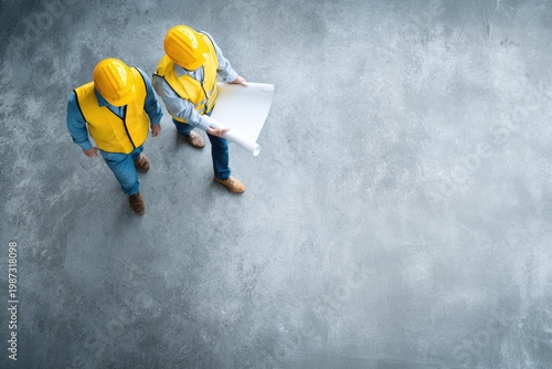 Two construction workers in hard hats review blueprints on a concrete floor