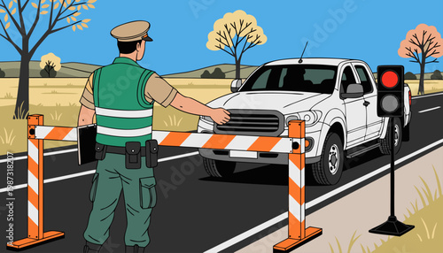 A vector graphic illustration of a police officer stopping a white pickup truck at a roadblock with an orange and white barrier on a sunny day.