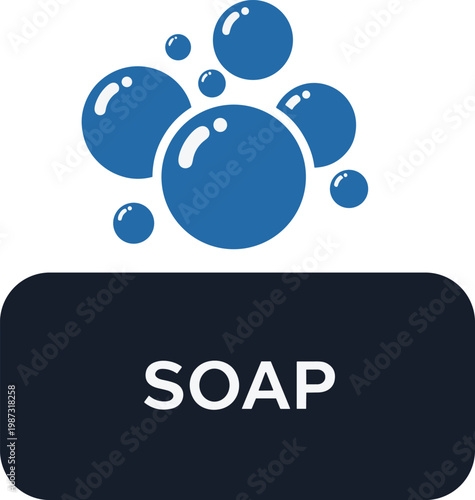 Blue bubbles floating over dark grey background with soap text for laundry detergent or personal cleaning product branding.