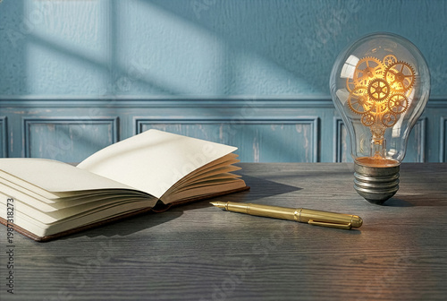 Conceptual light bulb with glowing human brain inside on creative workspace background.