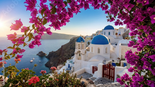 Santorini, Greece: Blue Domes and Bougainvillea Overlooking the Aegean Sea