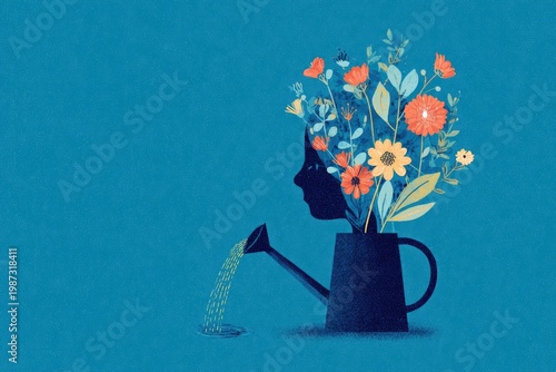 Silhouette head sprouts vibrant flowers from a watering can