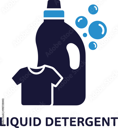 Liquid detergent bottle with bubbles and tshirt icon for laundry service graphic design isolated on transparent background.