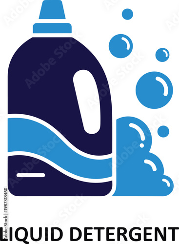 Liquid detergent bottle with bubbles and foam vector illustration for laundry service and household cleaning product design.