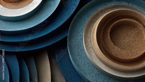 Abstract concentric circles with textured earthy and cool blue tones