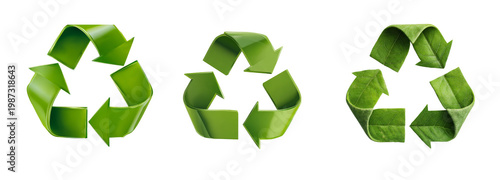 Three green recycling symbols made of different materials on transparent background.