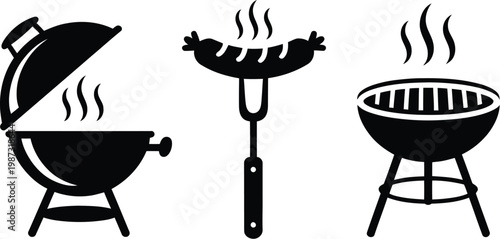 Grill BBQ vector icon set representing barbecue grill equipment cooking utensils flame fire skewers and outdoor cooking concepts for restaurant menus food apps
