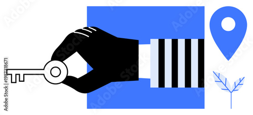 Security, navigation, key management, real estate, access solutions, modern technology. A hand holding a key near a location marker and branch illustration. Security and navigation concept