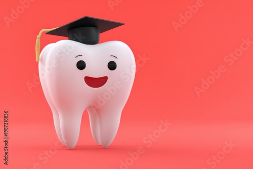 Smiling tooth with graduation cap on coral background joyful dental education character