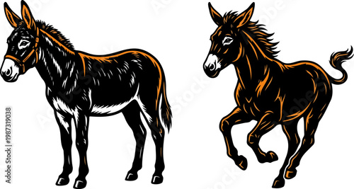 Donkey Pair Silhouette Modern Orange Accent Design