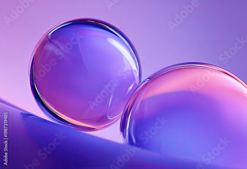 Two translucent spheres reflecting violet and pink hues on a glossy surface