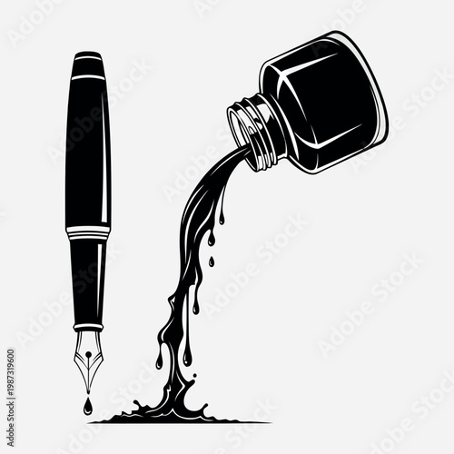 Black fountain pen and ink bottle pouring ink