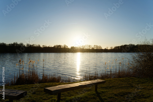 Sunset reflecting on Schweriner See lake in Germany