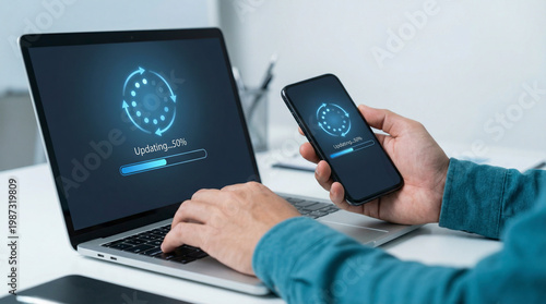 Person updating software on laptop while holding smartphone